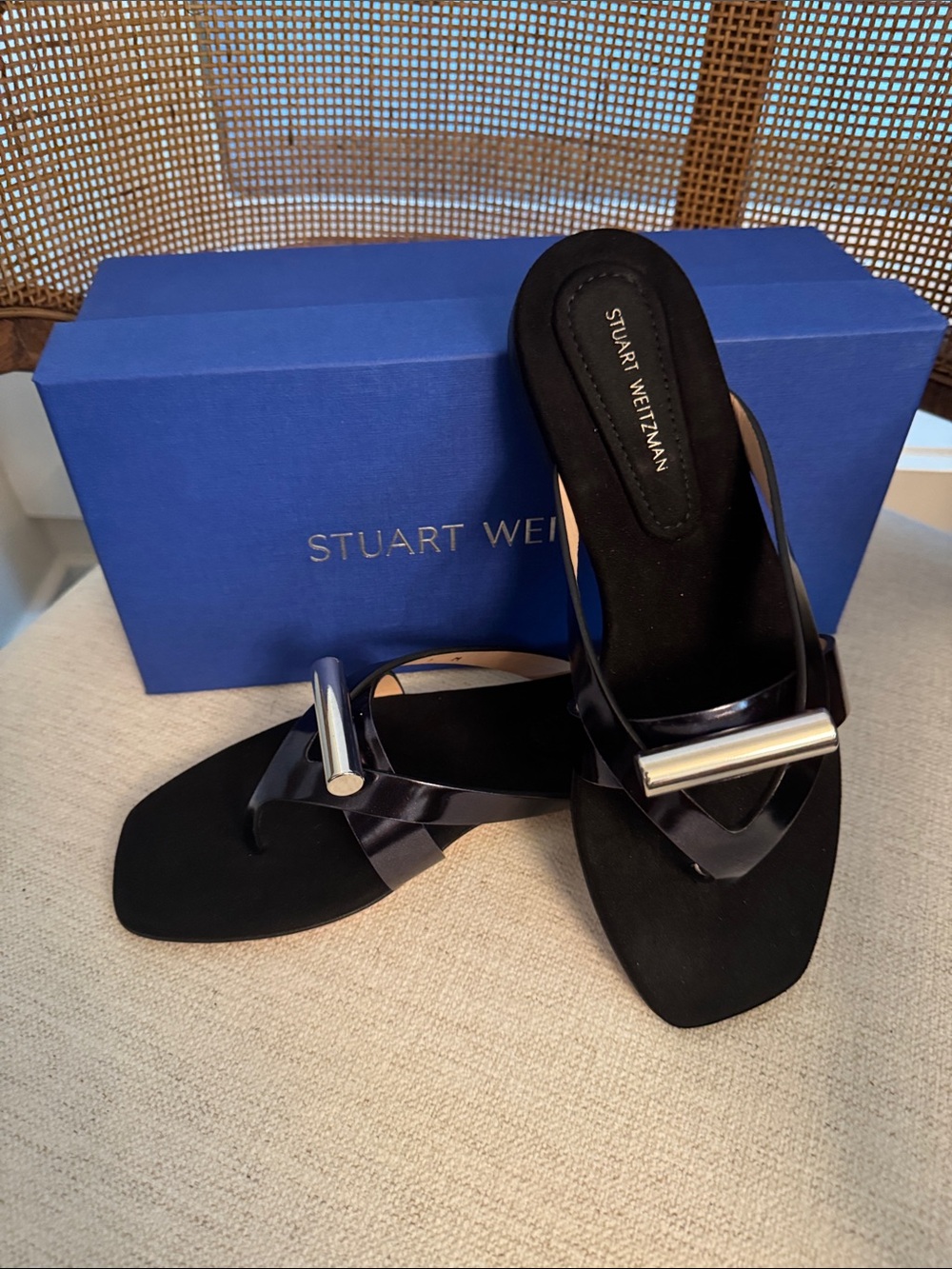 NWT Stuart Weitzman Black Patent Slide Sandals with Silver Bar